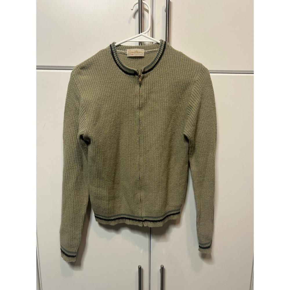 Vintage Jantzen Full Zip‎ Cardigan Sweater Sage Green Waffle Knit Made in USA 16